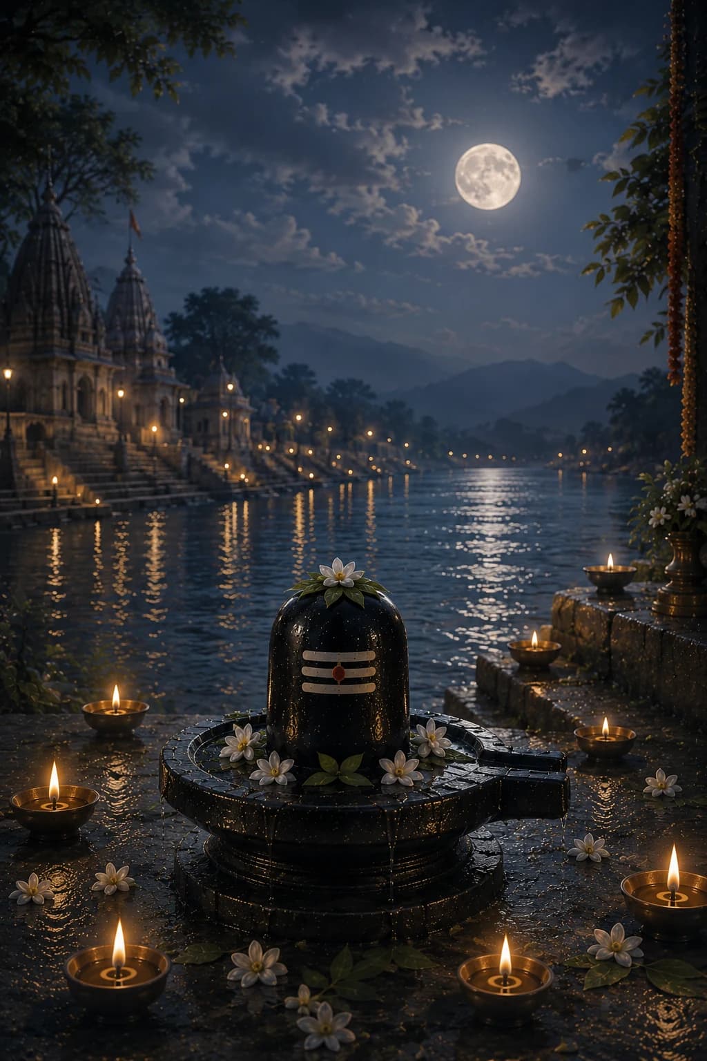 Shiva linga adorned with bilva leaves and offerings on Mahashivratri