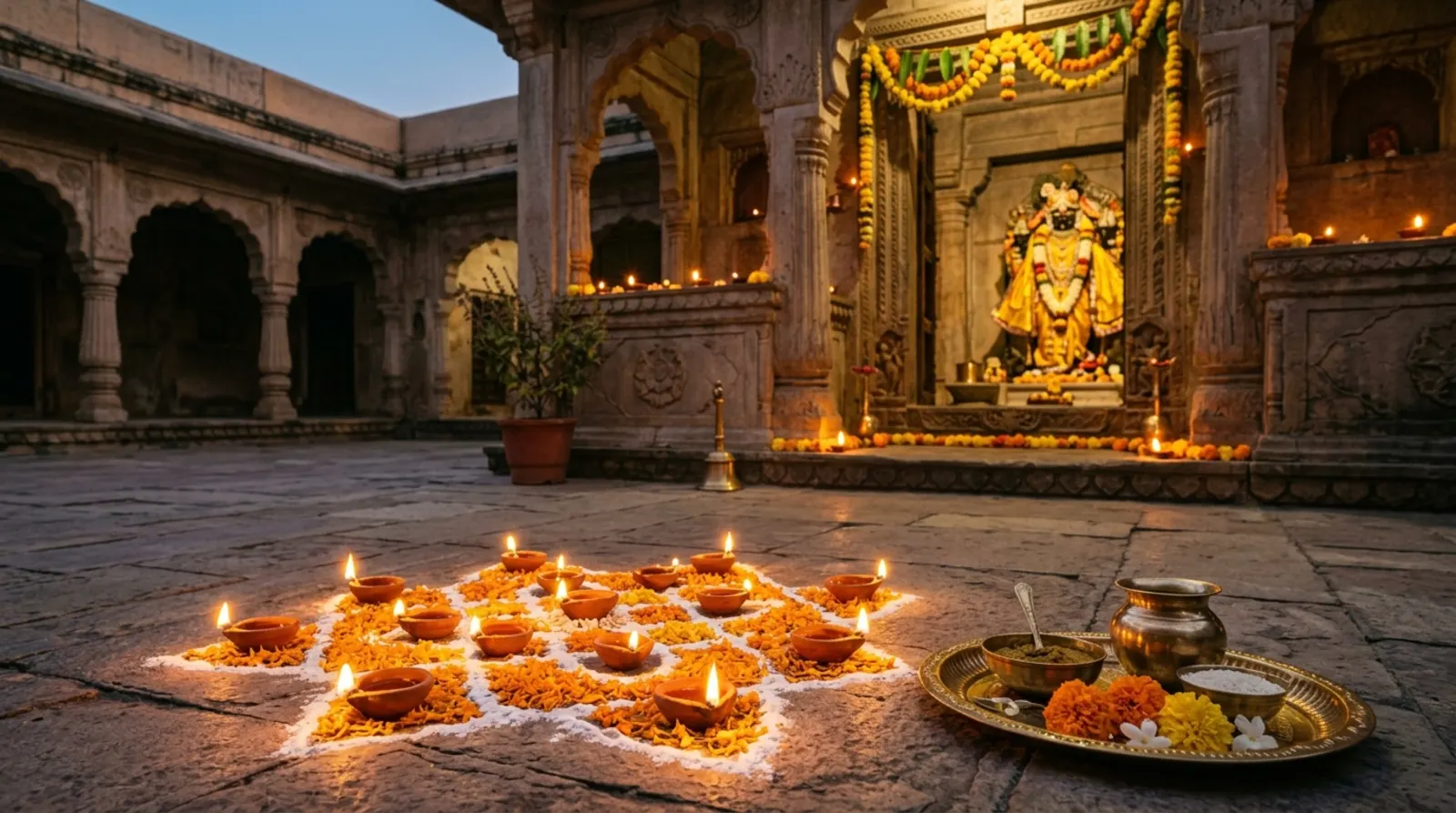 Temple courtyard before dawn with rows of earthen lamps on a marigold rangoli and a brass thali for the Abhyanga Snan