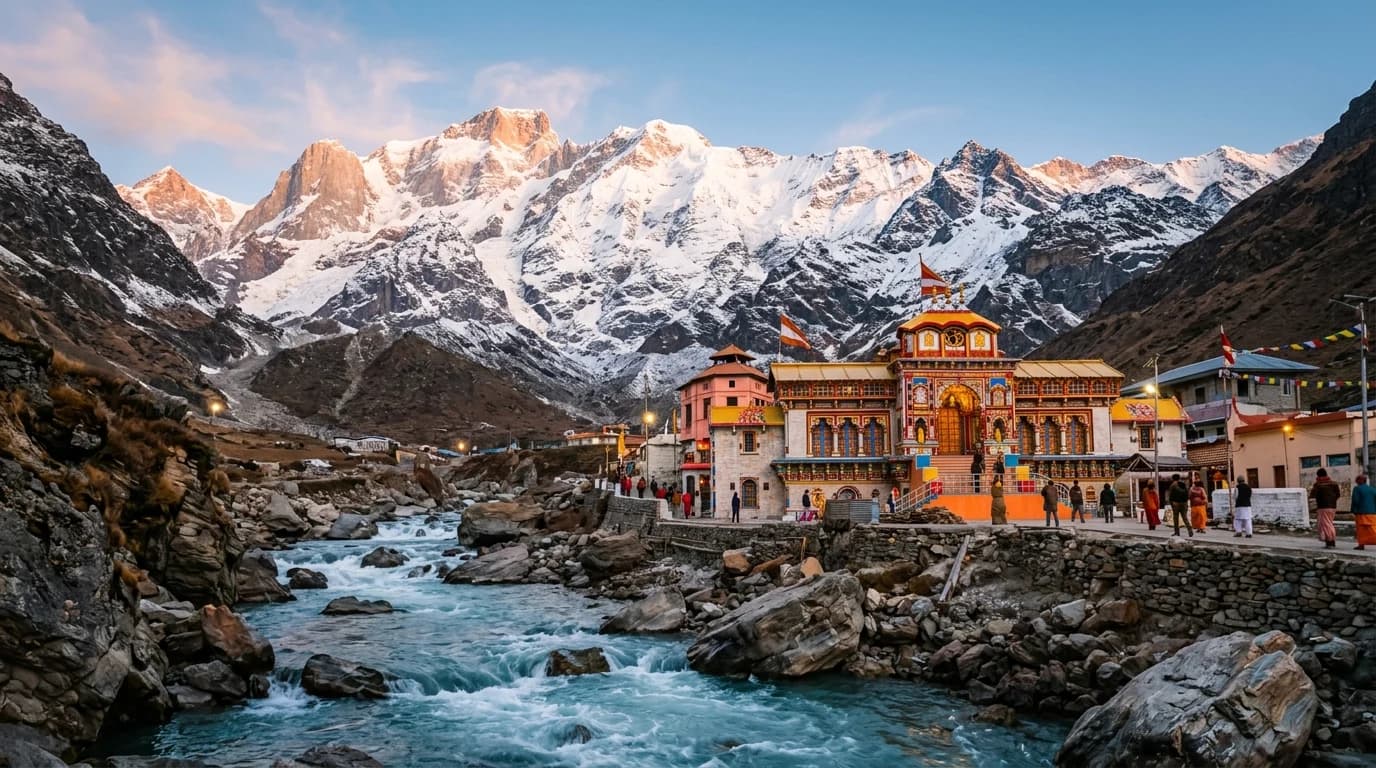 The colorful facade of Badrinath temple set against the snow-capped Himalayan peaks and Alaknanda river