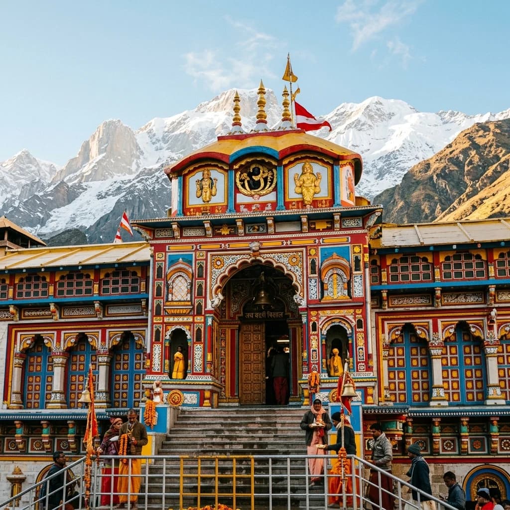 The colorful facade of Badrinath temple set against the snow-capped Himalayan peaks and Alaknanda river