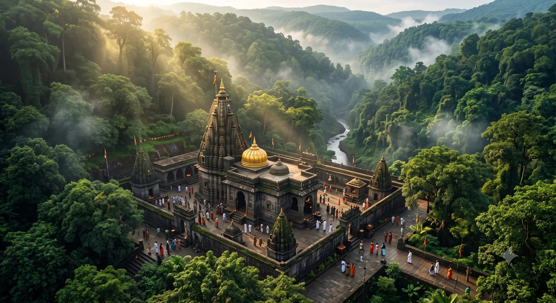 Ancient black basalt stone shikhara of Bhimashankar Jyotirlinga temple enveloped by the misty green forests of the Western Ghats