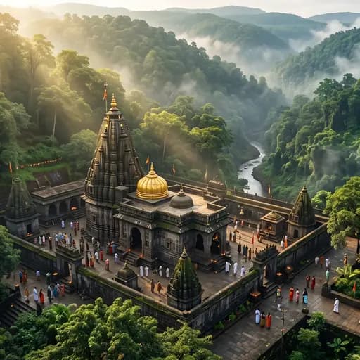 Ancient black basalt stone shikhara of Bhimashankar Jyotirlinga temple enveloped by the misty green forests of the Western Ghats