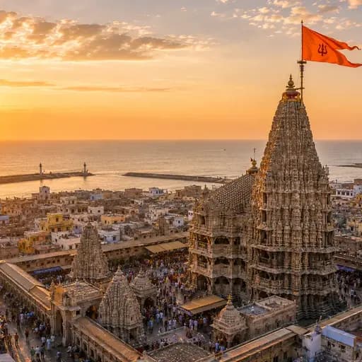 Dwarkadhish temple — the 72-metre Chalukya shikhara at the confluence of the Gomati river and the Arabian Sea