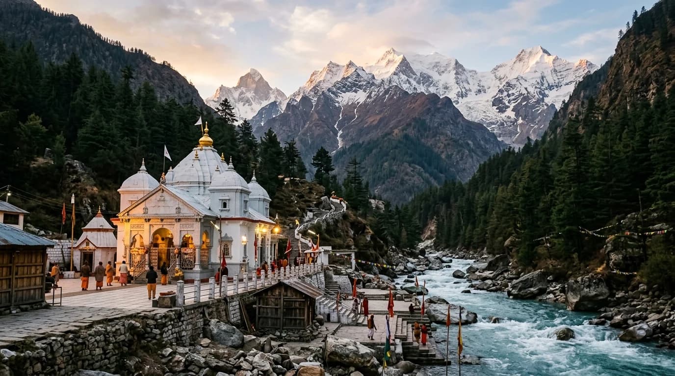 The white stone Gangotri temple standing beside the rushing turquoise Bhagirathi river in the Garhwal Himalayas