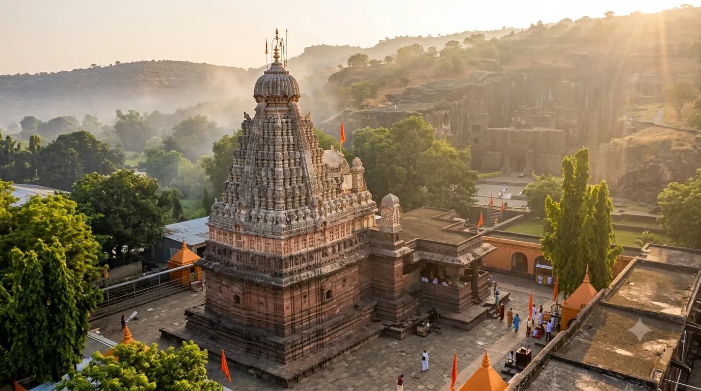 Finely carved red basalt stone shikhara of Grishneshwar Jyotirlinga temple standing under a golden dusk sky near the ancient rock cliffs of Ellora