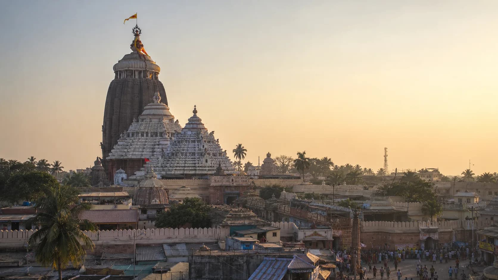 Jagannath Temple at Puri — the white shikhara above the Eastern Ganga complex, with the Bay of Bengal in the distance