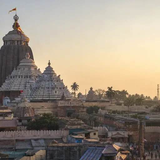 Jagannath Temple at Puri — the white shikhara above the Eastern Ganga complex, with the Bay of Bengal in the distance