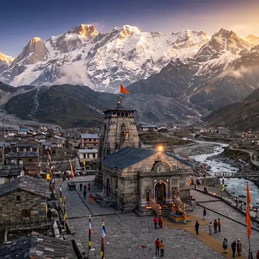 Kedarnath temple in the snow-covered Garhwal Himalayas at dawn, surrounded by peaks