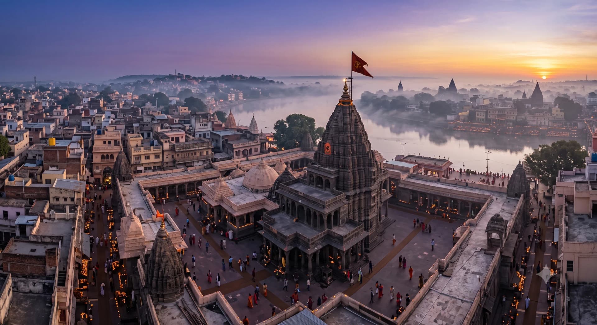 Mahakaleshwar temple at Ujjain — the multi-tiered shikhara above the Shipra river ghats at dawn