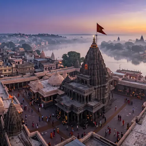 Mahakaleshwar temple at Ujjain — the multi-tiered shikhara above the Shipra river ghats at dawn