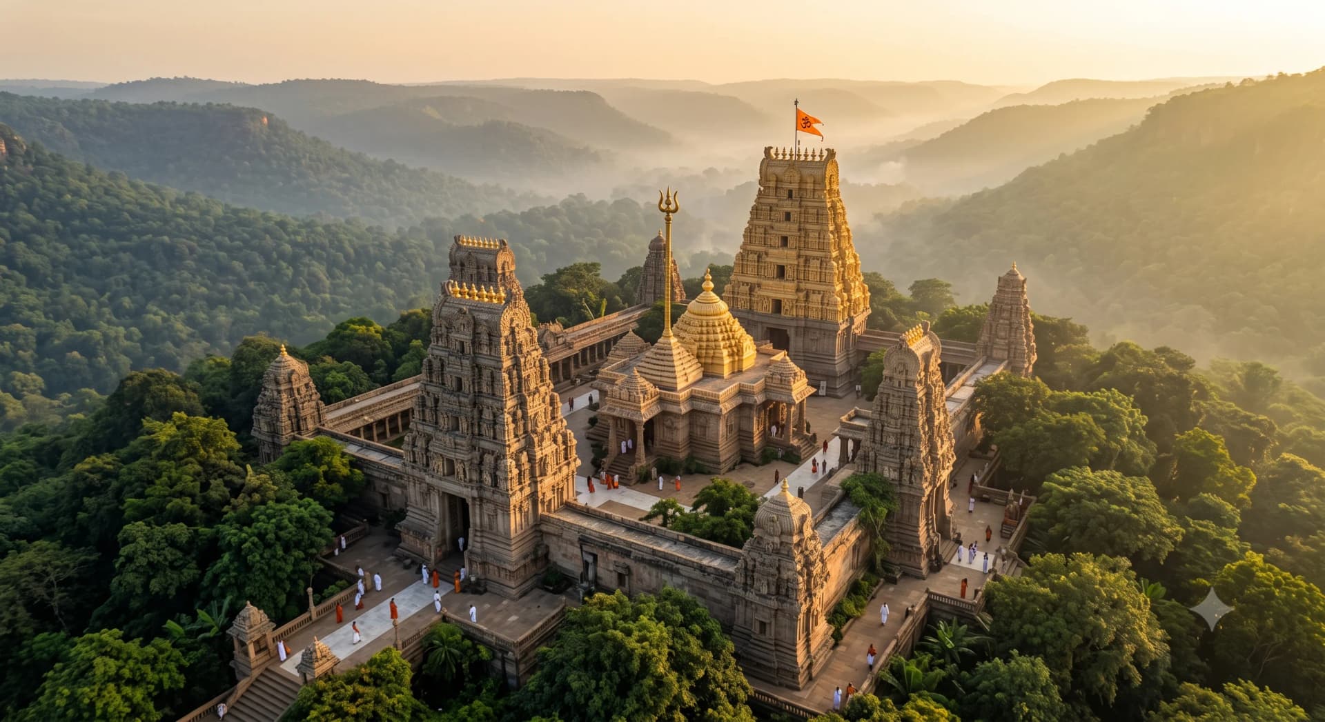The stone towers and towering gopurams of Mallikarjuna Swamy Temple on Srisailam hill in Andhra Pradesh