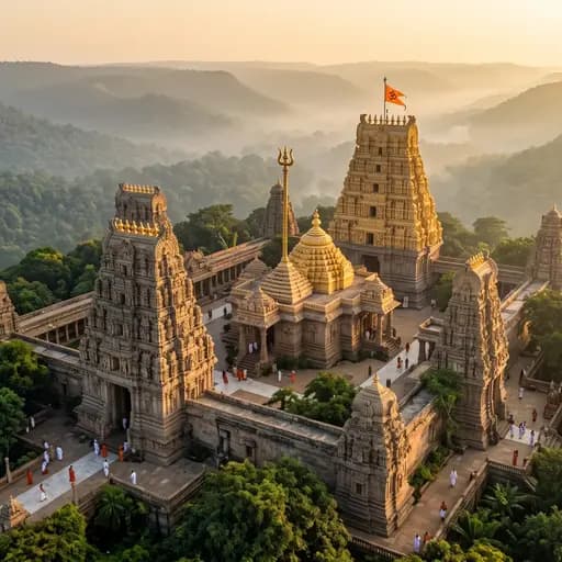 The stone towers and towering gopurams of Mallikarjuna Swamy Temple on Srisailam hill in Andhra Pradesh