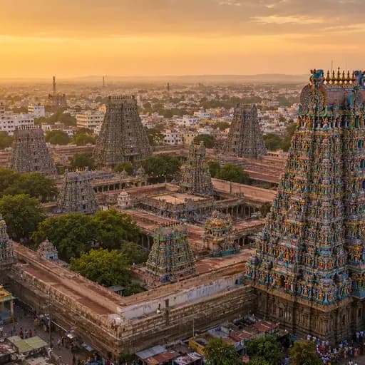 Meenakshi Amman temple gopuram towers in Madurai, covered in thousands of colorful stucco sculptures