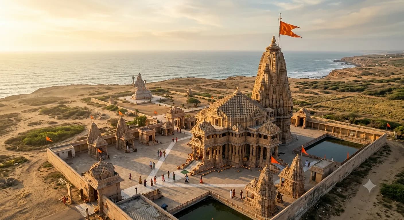 Monumental 85-foot bronze-colored seated statue of Lord Shiva presiding over the Nageshwar Jyotirlinga temple complex near Dwarka, Gujarat