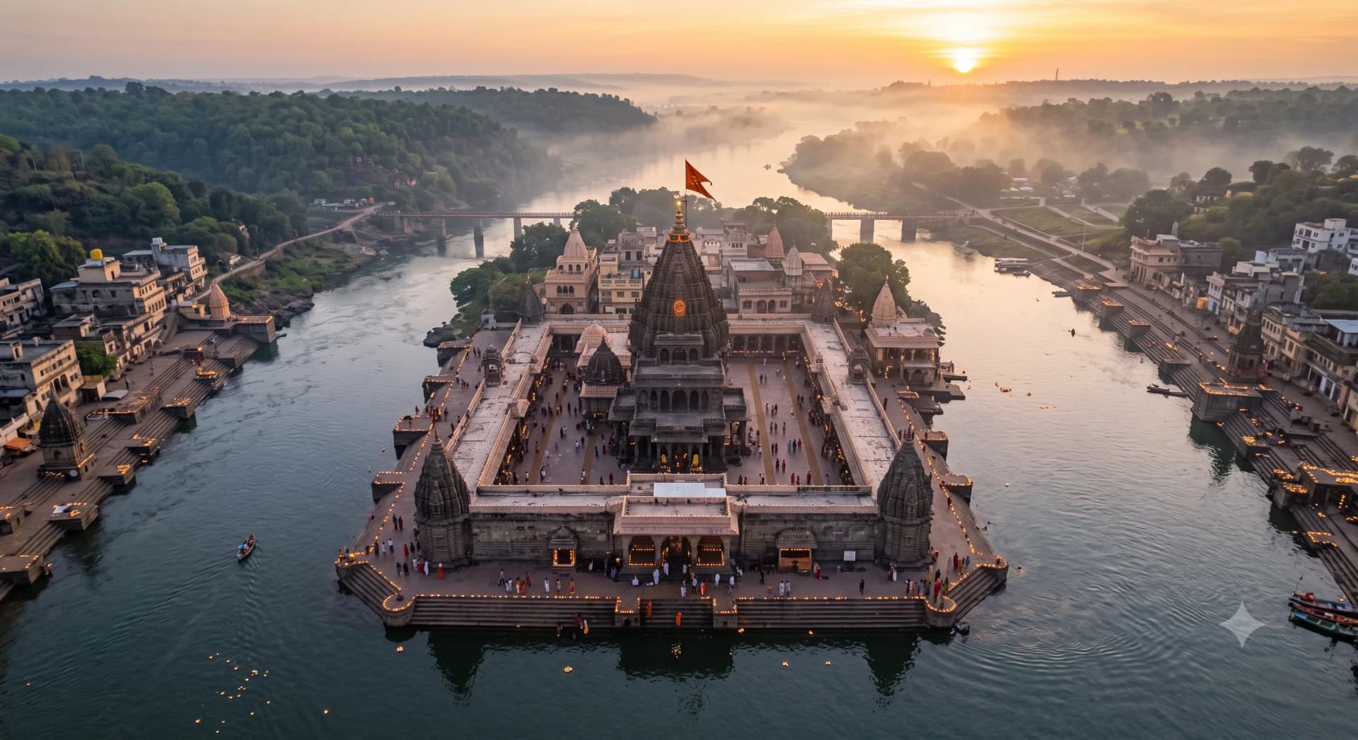 Omkareshwar Jyotirlinga temple standing on the rocky banks of the sacred Narmada river on Mandhata island