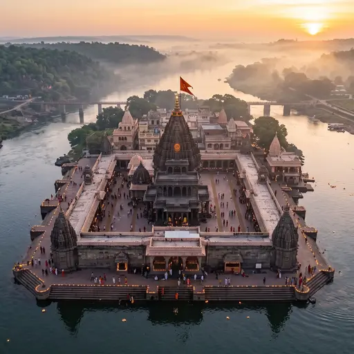 Omkareshwar Jyotirlinga temple standing on the rocky banks of the sacred Narmada river on Mandhata island
