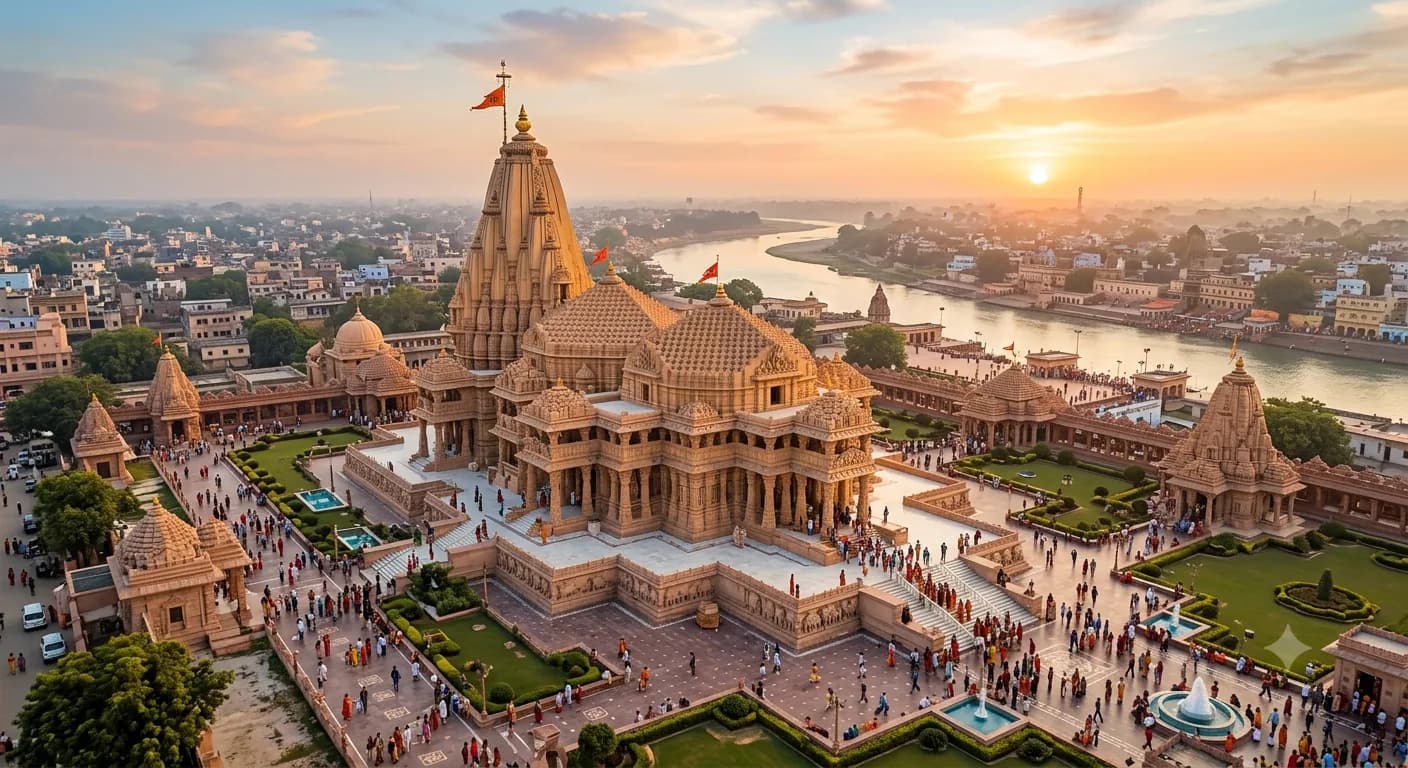 Ram Mandir at Ayodhya — the new Nagara temple with its Rajasthani pink sandstone under a clear sky