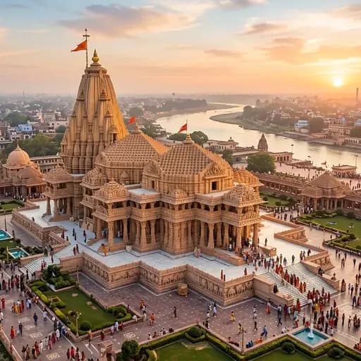 Ram Mandir at Ayodhya — the new Nagara temple with its Rajasthani pink sandstone under a clear sky