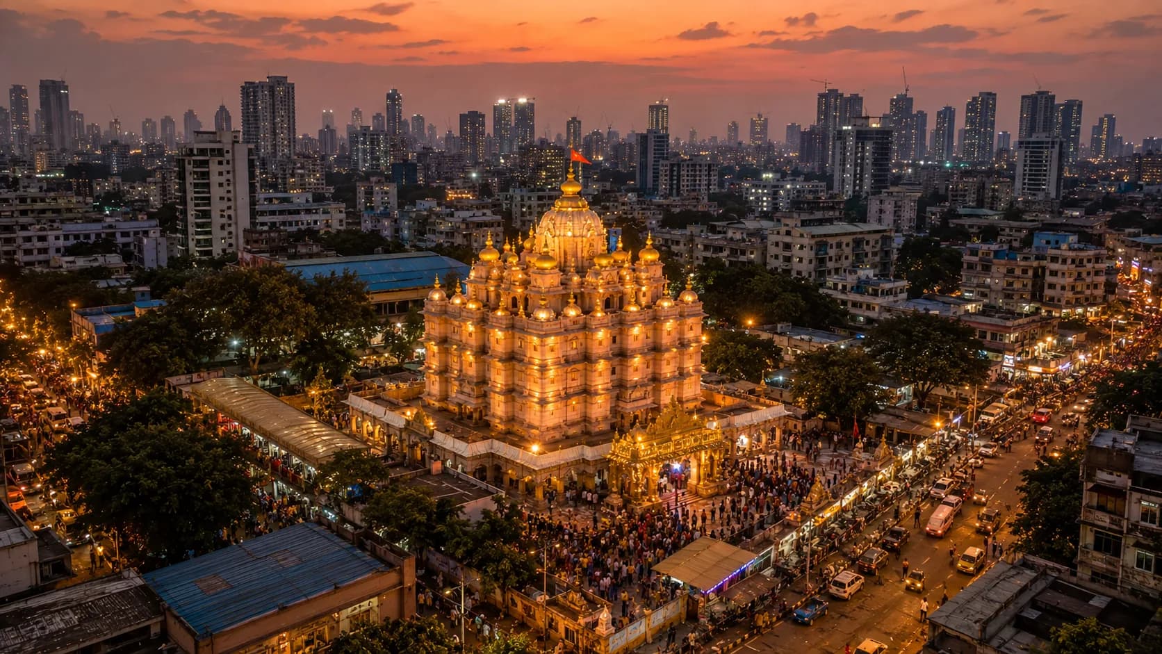 Siddhivinayak temple at Prabhadevi, Mumbai — the gold dome visible above the city streets