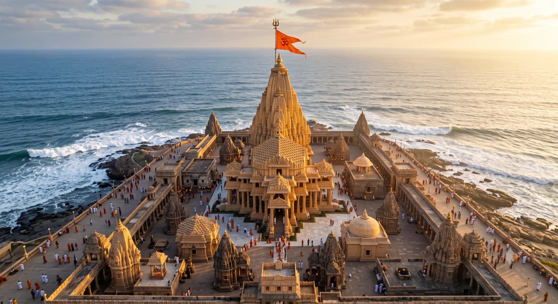 Somnath temple on the Gujarat coast at sunrise, the Arabian Sea visible behind the shikhara