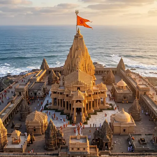 Somnath temple on the Gujarat coast at sunrise, the Arabian Sea visible behind the shikhara