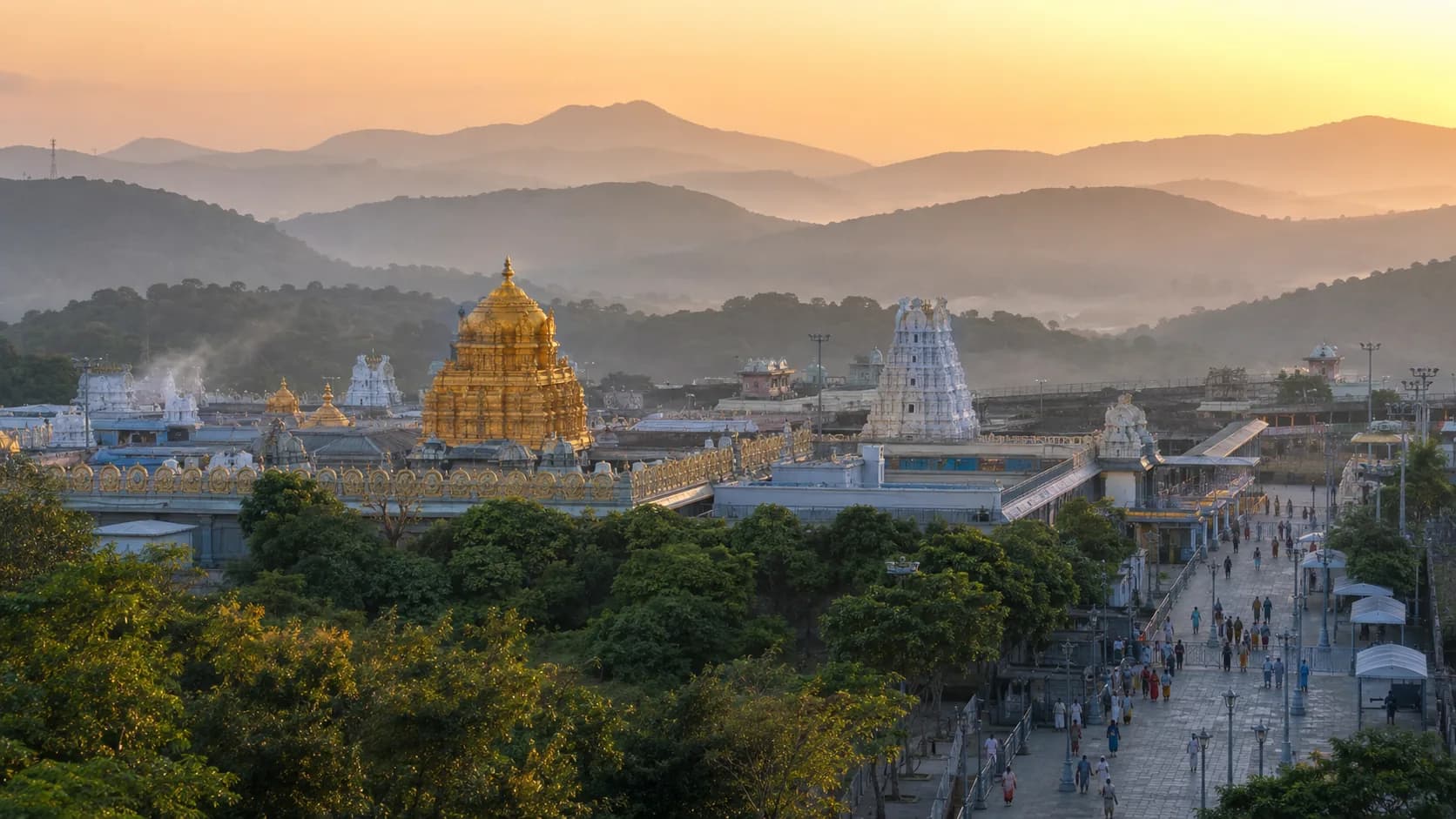 Tirupati Venkateswara temple gopuram on Tirumala Hill at dawn