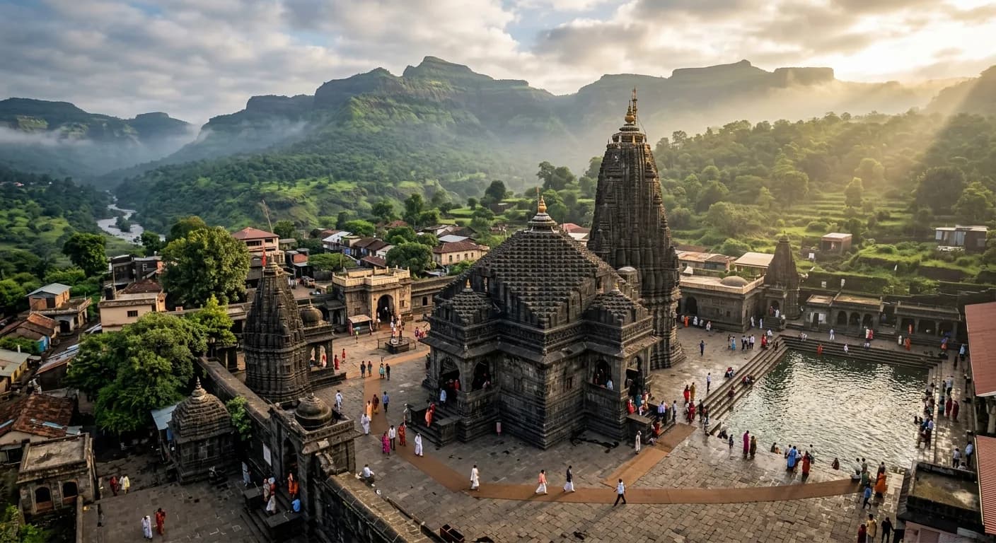 The black stone Hemadpanthi temple of Trimbakeshwar with Brahmagiri mountain rising behind in Maharashtra
