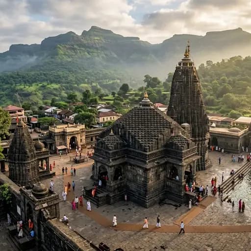 The black stone Hemadpanthi temple of Trimbakeshwar with Brahmagiri mountain rising behind in Maharashtra
