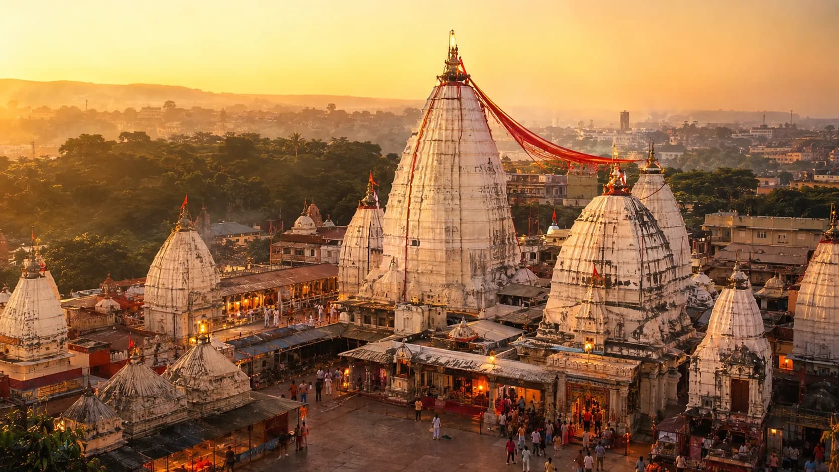 The stone shikhara of Baba Baidyanath Dham temple in Deoghar surrounded by the sacred complex of twenty-two shrines in morning sunlight
