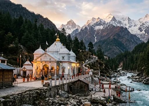 The Yamunotri temple complex nestled in a high Himalayan gorge beside thermal springs and mountain streams