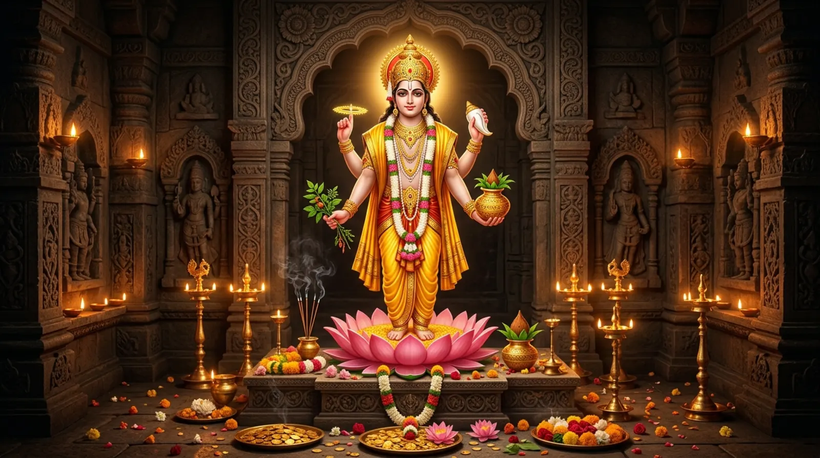 Traditional temple sanctum depiction of Lord Dhanvantari with four arms holding the nectar kalash, conch, discus, and herbs
