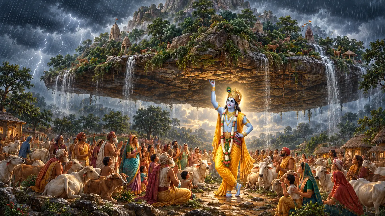 Lord Krishna holding up Mount Govardhan on his raised little finger while the people and cows of Vraja shelter beneath it from the storm