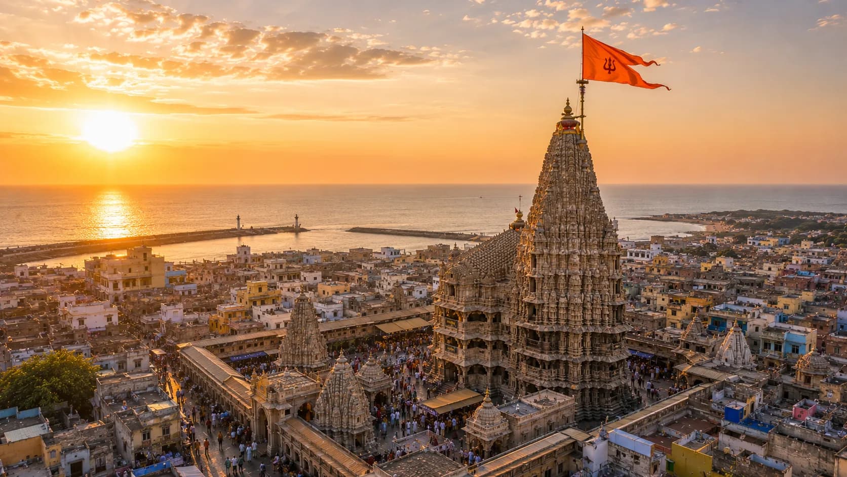 Dwarkadhish temple — the 72-metre Chalukya shikhara at the confluence of the Gomati river and the Arabian Sea
