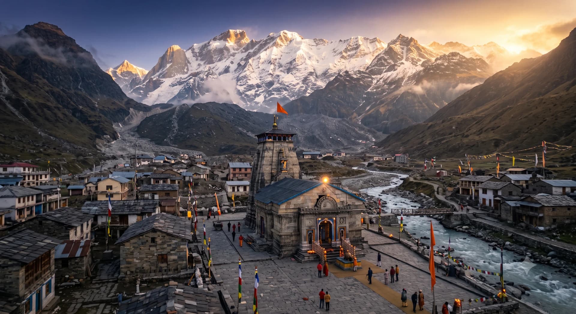 Kedarnath temple in the snow-covered Garhwal Himalayas at dawn, surrounded by peaks