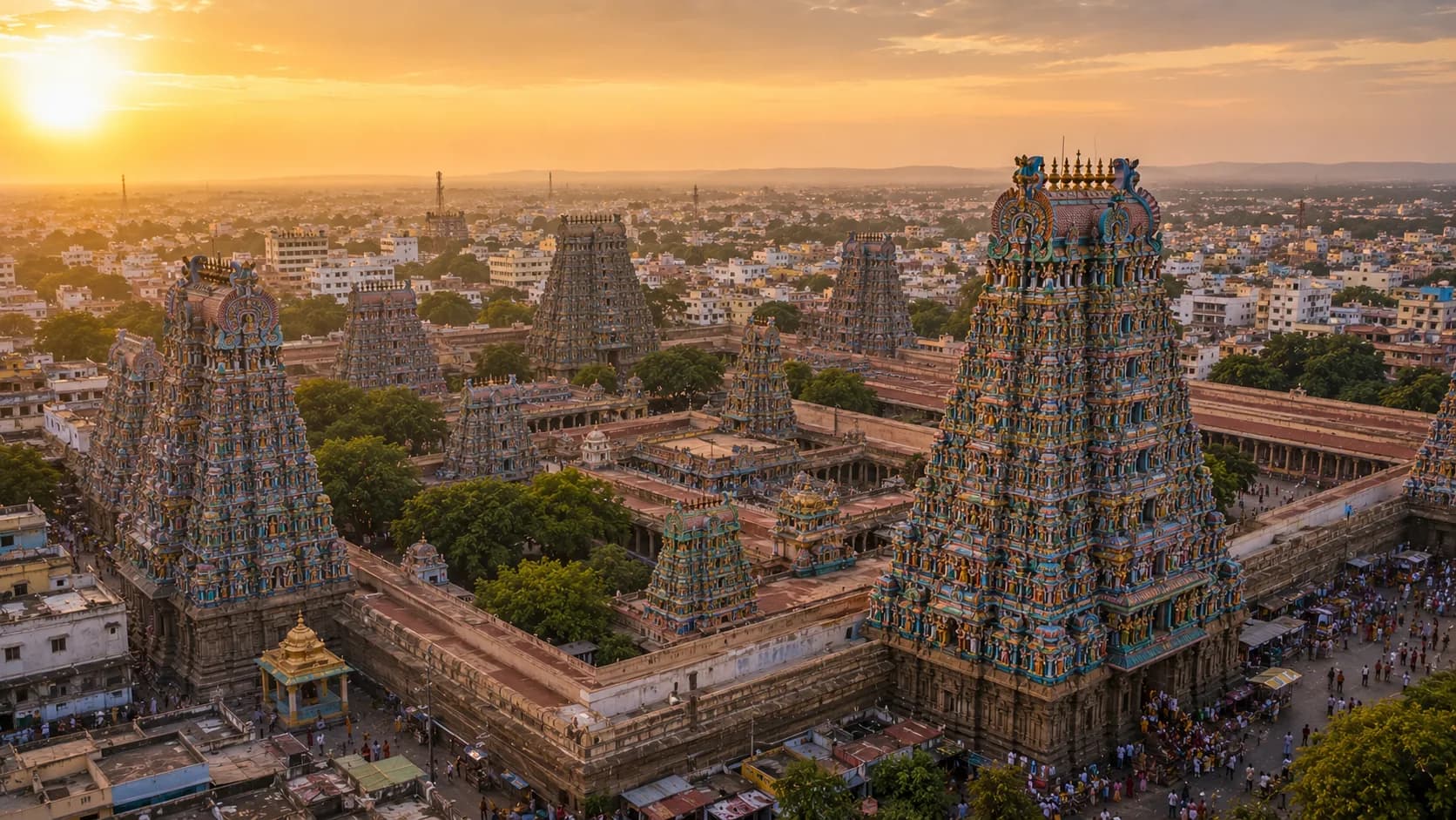 Meenakshi Amman temple gopuram towers in Madurai, covered in thousands of colorful stucco sculptures